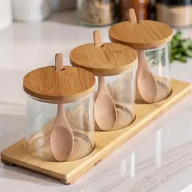 Set borcan de depozitoare cu lingura UJCF-007, sticla, lemn, 320 ml, 3 buc