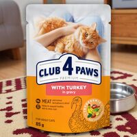 Hrana umeda CLUB 4 PAWS Premium, pentru pisici adulte, curcan in sos, 85 g