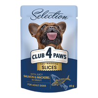 Hrana umeda CLUB 4 PAWS Premium Selection, pentru caini adulti, bucati cu somon si macrou in sos, 85 g