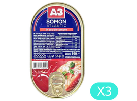 Somon atlantic în sos de roșii A3, 190g/21buc, Set 3 buc