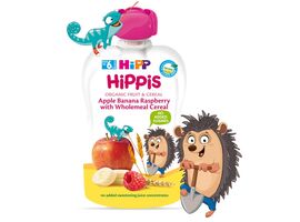 Piure HiPP HiPPiS Fructе & Cereale, Mar, banana, zmeura si cereale integrale, de la 6 luni, 100 g