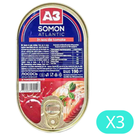 Somon atlantic în sos de roșii A3, 190g/21buc, Set 3 buc