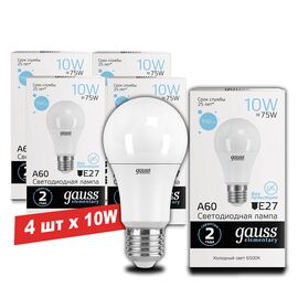 Bec LED GAUSS Elementary A60, 10W/E27/6500K/950lm/IP20/1/10/50, 4buc