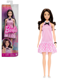 Papusa Barbie, Fashionista in rochie roz in carouri si un guler cu fundita