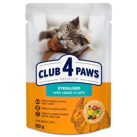 Hrana umeda CLUB 4 PAWS Premium, pentru pisici adulte, sterilizate, iepure in jeleu, 80 g