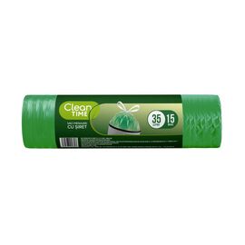 Мусорные мешки CLEAN TIME, на завязках, 35 л, 15 шт, зеленые