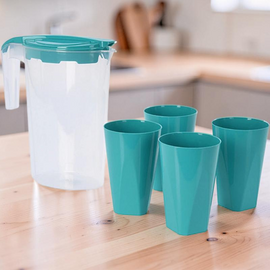 Set EH: carafă 1,75 l și 4 pahare 200 ml, 3 culori, plastic