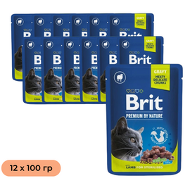 Set BRIT Premium hrană umedă pentru pisici sterilizate, cu miel în sos, 100 g, 12 buc