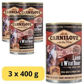 Set hrana umeda CARNILOVE Wild pentru caini, cu miel si mistret, 400 g x 3 buc