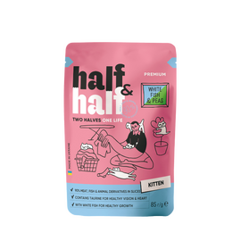 Влажный корм HALF&HALF, для котят, с белой рыбой и горошком, в желе, 85 г