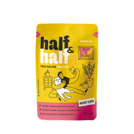Влажный корм HALF&HALF, для активных взрослых кошек, с говядиной и морковью, в желе, 85 г
