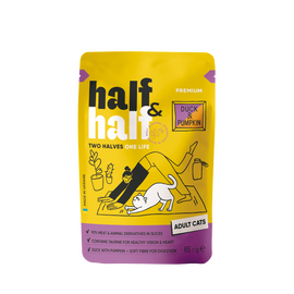 Влажный корм HALF&HALF, для активных взрослых кошек, с уткой и тыквой, в соусе, 85 г