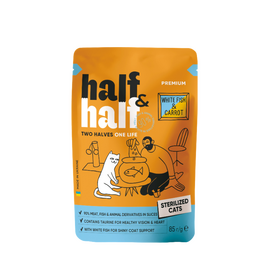 Влажный корм HALF&HALF, для стерилизованных взрослых кошек, с белой рыбой и морковью, в соусе, 85 г