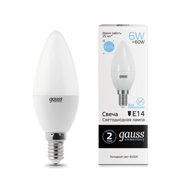 Лампочка  LED GAUSS ELEMENTARY C37 6W E14 6500K 1/10/100 холодный свет
