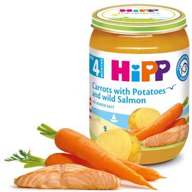 Piure HIPP Meniu cu peste, Morcovi si cartofi cu somon salbatic, de la 4 luni, 190 g