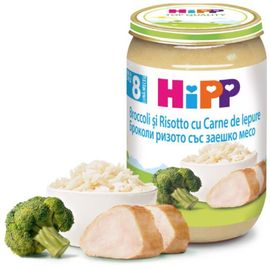 ​Piure HIPP Meniu cu carne, Broccoli si risotto cu carne de iepure, de la 8 luni, 220 g