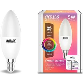 Лампочка LED GAUSS SH C37, 5W, E14, 2700-6500K, 470lm, Dimm, IP20, 1, 10, 40