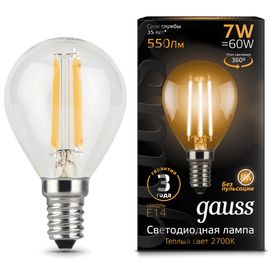 Лампочка GAUSS Filament G45 LED 7W, E14, 2700К, 550lm, IP20