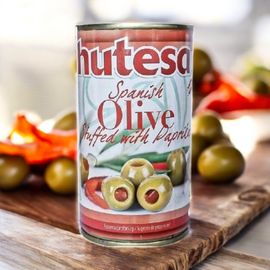 Оливки зеленые HUTESA, с красным перцем, 350 г