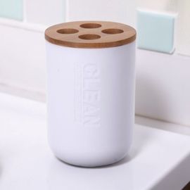 Стакан для зубных щеток Bathroom, из пластика, крышка бамбук, 11 cм, белый