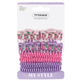 Agrafa de sectionare TITANIA 4 bucati, si benzi de par 4 bucati, roz si violet