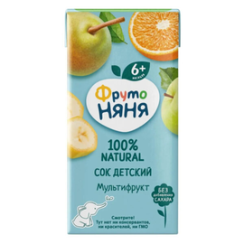 Сок ФРУТОНЯНЯ Мультифрукт, груша, яблоко, банан и апельсин, 6+ месяцев, 200 мл