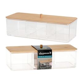 Organizator pentru cosmetica, cu 3 sectii, capac din bambus, 23x9x6 cm