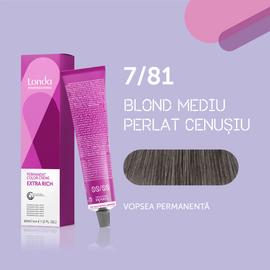 Vopsea-crema de par profesionala LONDA PROFESSIONAL Londacolor Permanent, permanenta, nuanta 7/81 blond mediu perlat cenusiu, 60 ml