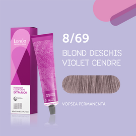 Vopsea-crema de par profesionala LONDA PROFESSIONAL Londacolor Permanent, permanenta, nuanta 8/69 blond deschis violet cendre, 60 ml
