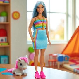 Papusa Barbie MATTEL Fashionista cu parul albastru si rochie curcubeu
