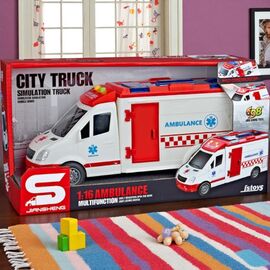 Скорая помощь JSTOYS, с инерцией, открывающимися дверями, звуками и светом, 1:16