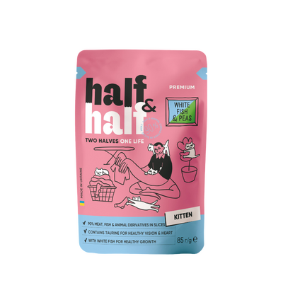 Влажный корм HALF&HALF, для котят, с белой рыбой и горошком, в желе, 85 г