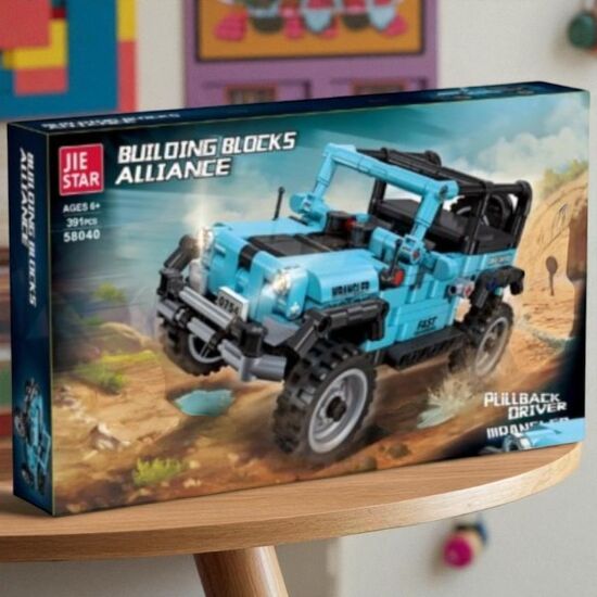 Конструктор Синий автомобиль-внедорожник JIE STAR 58040, с механизмом обратного хода, ZJA351153, 391 элементов