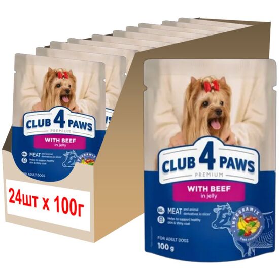 Набор влажный корм CLUB 4 PAWS Premium, для взрослых собак малых пород, говядина в желе, 100 г х 24 шт
