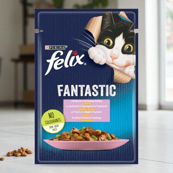 Hrana umeda pentru pisici Felix Fantastic, cu pastrav și fasole verde in jeleu, 85 g