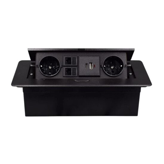 Priză Multifunctional Desktop Socket, EU plug, 2 Sockets,1 USB,1 Type-C, 2 Network. Black