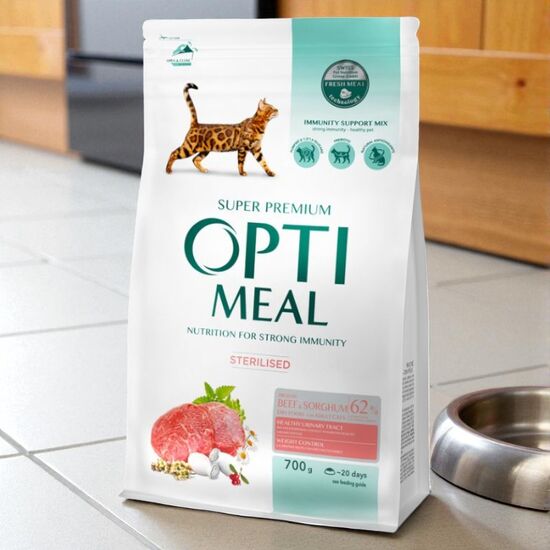 Корм OPTIMEAL Super Premium, для стерилизованных кошек и кастрированных котов, сухой, говядина и сорго, 700 г