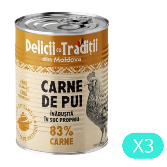 Carne de pulpe de pui in suc propriu DELICII CU TRADITII, 0.33 kg, Set 3 buc