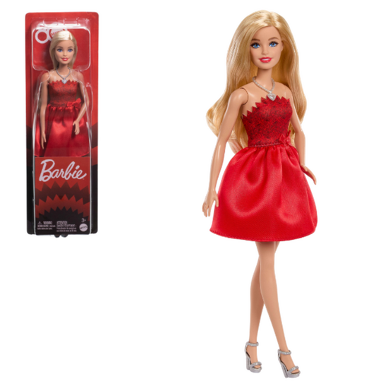Papusa Barbie, 80 de ani Mattel, in rochie rosu rubin