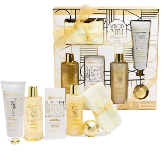 Set IDC INSTITUTE Bath Gold: gel de dus 210 ml, spuma de baie 210 ml, lotiune 130 ml, sare de baie 100 g, bomba de baie 60 g, prosop