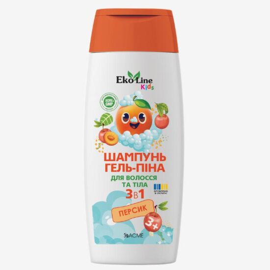 Шампунь, гель-пена для волос и тела 3 в 1 EKOLINE KIDS, Персик, 250 мл