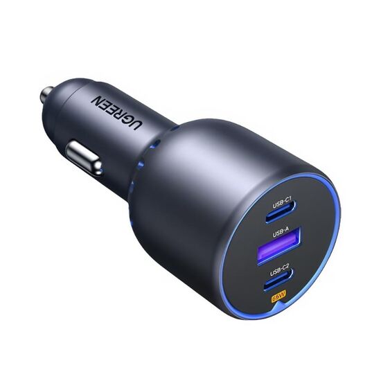 Автозарядка UGREEN, 2хType-C + USB-A, Алюминиевая, 3 A, 75 Вт, Серая
