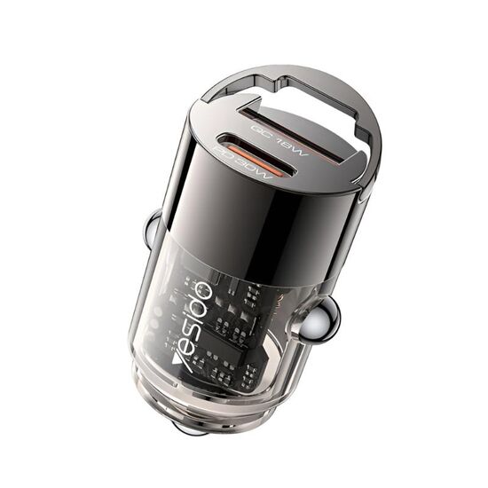 Автозарядка YESIDO, USB-A + Type-C, 30 Вт, 2,4 A, Чёрная