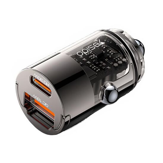 Автозарядка YESIDO, USB-A + Type-C, 30 Вт, 2,4 A, Чёрная, изображение 2
