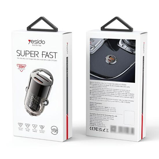 Автозарядка YESIDO, USB-A + Type-C, 30 Вт, 2,4 A, Чёрная, изображение 3