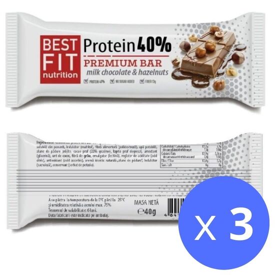 Set Baton proteic BEST FIT 40%, cu ciocolata cu lapte si alune de padure, 40 g х 3 buc
