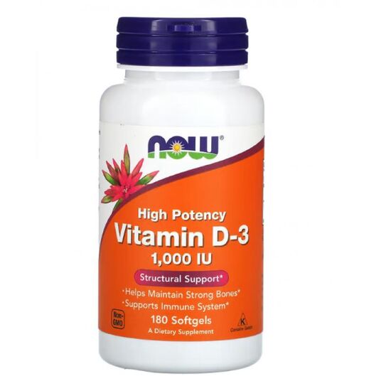 Пищевая добавка NOW FOODS, Витамин D-3, 1000 МЕ, 180 мягких капсул, изображение 2
