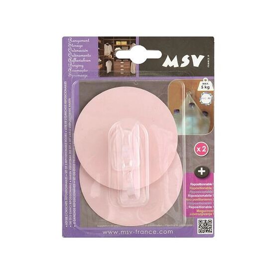 Cârlige autoadezive MSV, rotunde, 8 cm, plastic, roz, 2 buc