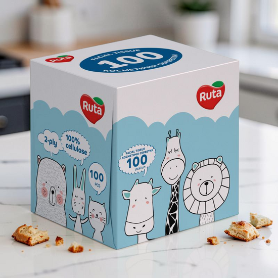 Салфетки РУТА Kids Куб, косметические,  двухслойные, белые, 100 шт
