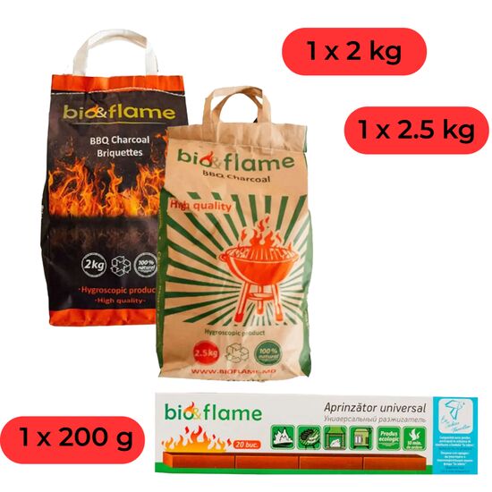 Набор BIO&FLAME: брикеты угольные 2 кг + древесный уголь 2,5 кг + розжиг 200 г